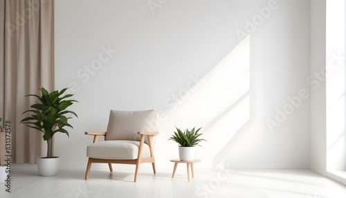 Modern minimalist interior with an armchair on an empty white color wall background. 3D Rendering