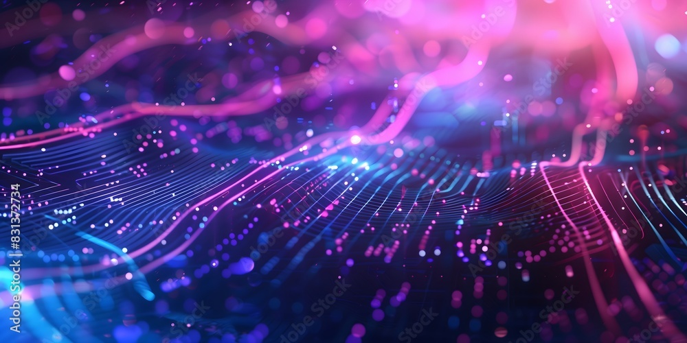 Obraz premium Futuristic abstract background with intertwining lines and circuits, glowing with blue and purple hues, evoking a high-tech and dynamic atmosphere Advanced Technology and Innovation Concept