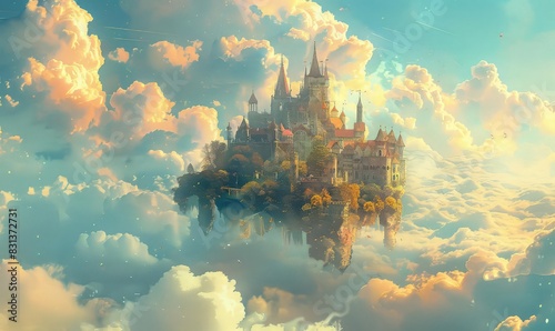 A surreal medieval castle floating on a cloud, with dreamlike surroundings and whimsical details, pastel colors, fantasy digital art,