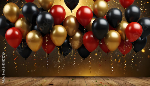 Party celebration golden lighting background with black, red and golden balloons. Generative AI