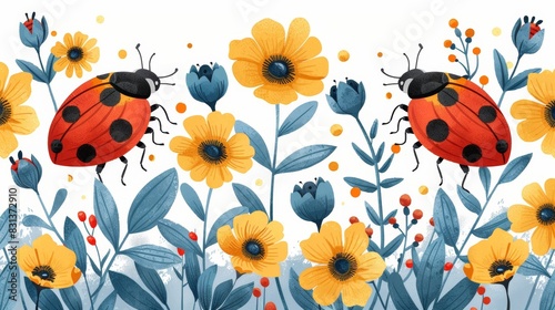 Graphic seamless pattern of cute ladybugs and flowers. simple shape.