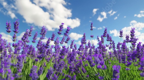 A tranquil meadow filled with blooming lavender  the purple flowers swaying gently in the breeze under a bright blue sky with fluffy white clouds. 32k  full ultra hd  high resolution