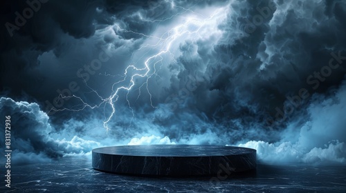Scenic panorama featuring a sleek black podium, turbulent lightning storm backdrop, striking contrast, meticulous detail, visually stunning and atmospheric photo