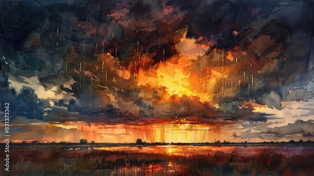 A thunderstorm at sunset, with golden light piercing through the storm clouds and rain falling in the distance, vibrant and striking, watercolor technique,