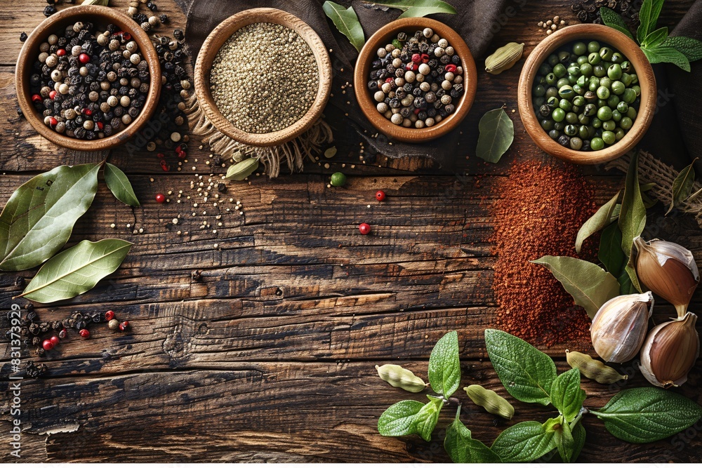 Spices on a wooden background. Assorted dry herbs in bowls, mortar and plants on rustic wooden table. Various herbs and spices, garlic, mint leaf, cardamom. Spices on a wooden background. Assorted dry herbs in bowls, mortar and plants on rustic wooden table. Various herbs and spices, garlic, mint leaf, cardamom.