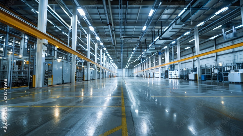 Spacious interior of a modern factory, advanced machinery, bright lighting, organized layout with safety markings, workers in uniforms, feeling of efficiency and precision, photography, 35mm lens