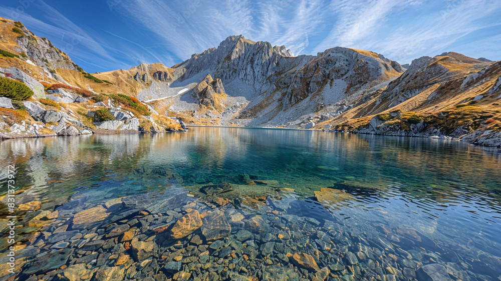 Fototapeta premium fault-block mountains with dramatic, steep slopes and a clear, blue lake