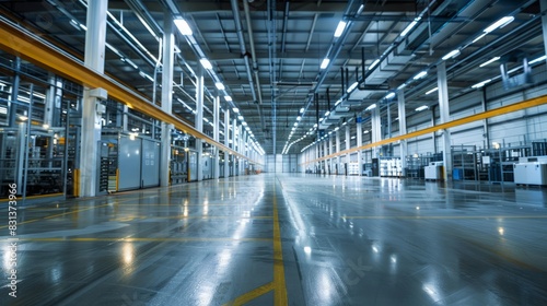 Spacious interior of a modern factory  advanced machinery  bright lighting  organized layout with safety markings  workers in uniforms  feeling of efficiency and precision  photography  35mm lens