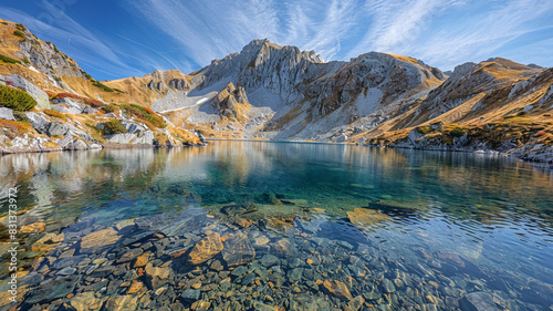 fault-block mountains with dramatic, steep slopes and a clear, blue lake