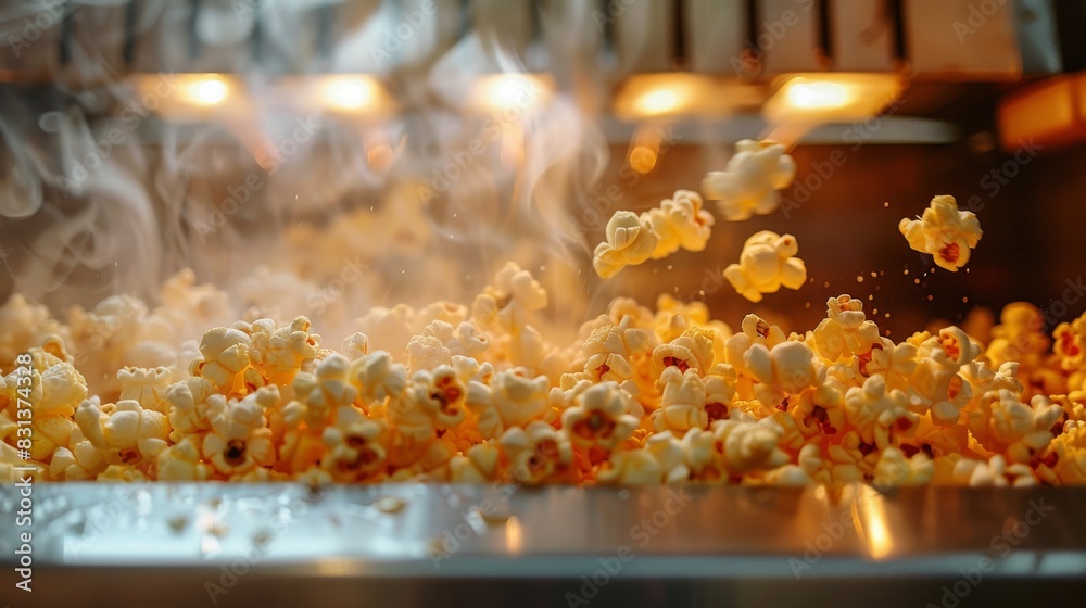 Popcorn Rising Hot popcorn being freshly popped in a movie theater concession stand ...