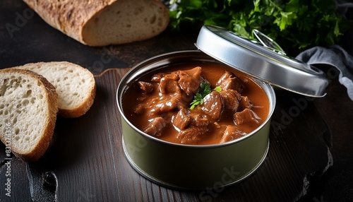 Beef goulash in a fine sauce In a tin on a table with bread