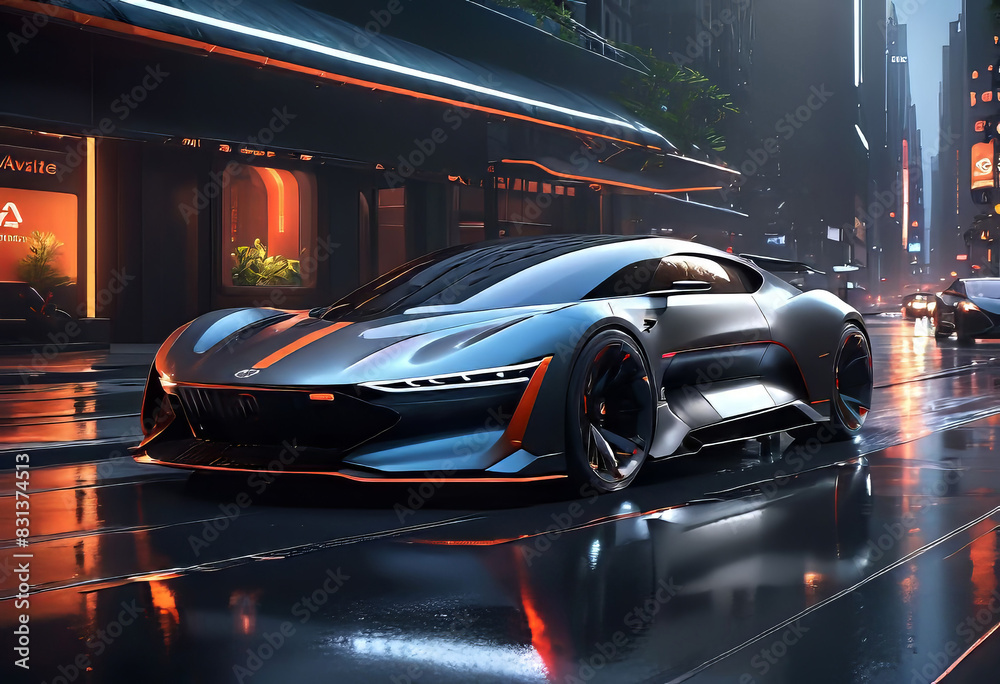 concept of a futuristic car of the future on a night city street, modern electric car,