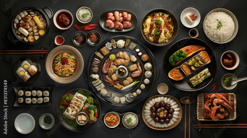 Top View of Asian Food Table with Various Dishes