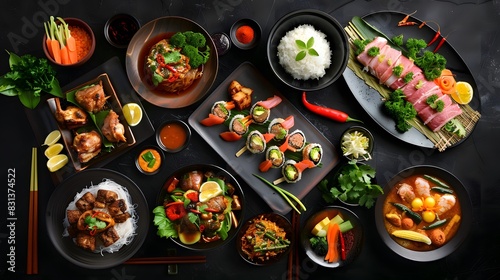 Top view of an Asian food table with various dishes