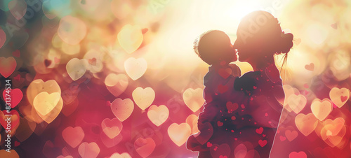 child and parent hugging, strong bond, loving relationship, family warmth, close up, focus on, copy space, Double exposure silhouette with hearts. photo