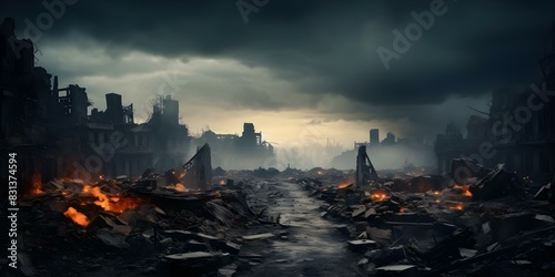 Dramatic panoramic view of destroyed city postwar with burning buildings and dark clouds. Concept Destruction, War, Post-Apocalyptic, Dark Clouds, Panoramic View
