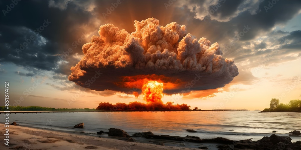 Nuclear bomb creates fiery mushroom cloud in ocean aftermath. Concept Disaster Relief, Environmental Impact, Emergency Response, Humanitarian Aid, Disaster Recovery