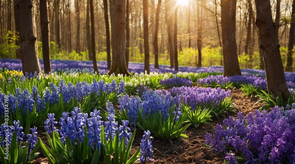 Obraz premium Spring forest, purple and pink flowers in a beautiful forest