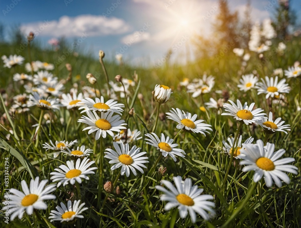 Spring meadow with flowers. Daisies close-up, sun rays - space for text Spring meadow with flowers. Daisies close-up, sun rays - space for text