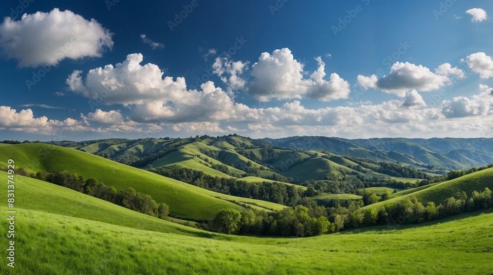 Endless green hill, meadows, blue sky with white clouds, sunrise, peace. Space for text Endless green hill, meadows, blue sky with white clouds, sunrise, peace. Space for text