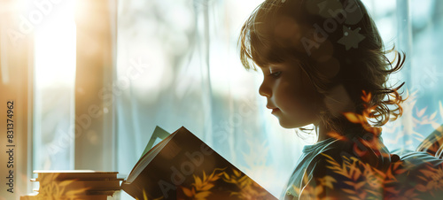 child reading a book, imaginative adventure, quiet time, educational growth, close up, focus on, copy space, Double exposure silhouette with books. photo