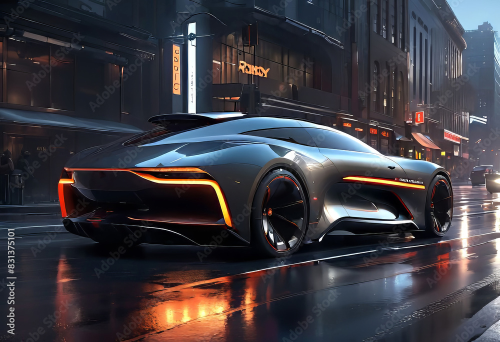 concept of a futuristic car of the future on a night city street, modern electric car, concept of a futuristic car of the future on a night city street, modern electric car,