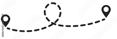 Route icon - two points with dotted path and location pin. Route location icon two pin sign and dotted line. Travel vector icon. Travel from start point and dotted line tracing