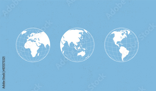 World globe maps set. Europe, Asia, America globe map. Earth globe icons. Vector illustration.