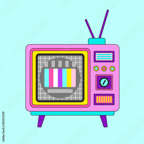 Retro flat Television with antenna on color blue background. Vector comic vintage style pink TV set broadcast system. Positive illustration of cute old time telecast device for advertising or poster