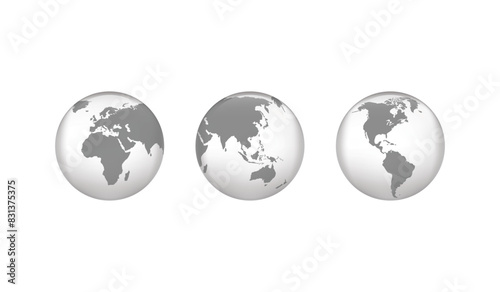 Transparent Earth globes set. Europe  Asia  America globe map. Earth globe icons. Vector illustration.