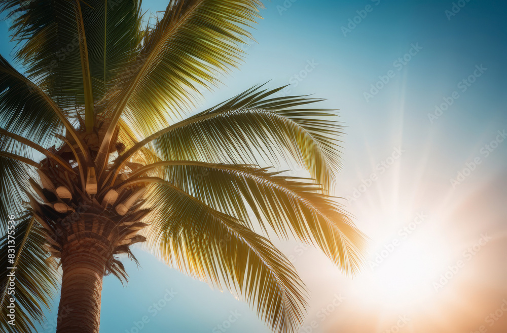 Fototapeta premium Untouched tropical beach. Tropical palm trees during the sunny day, vibrant palm leaves, beach scenery. Relaxation and tropical summer holidays concept. 