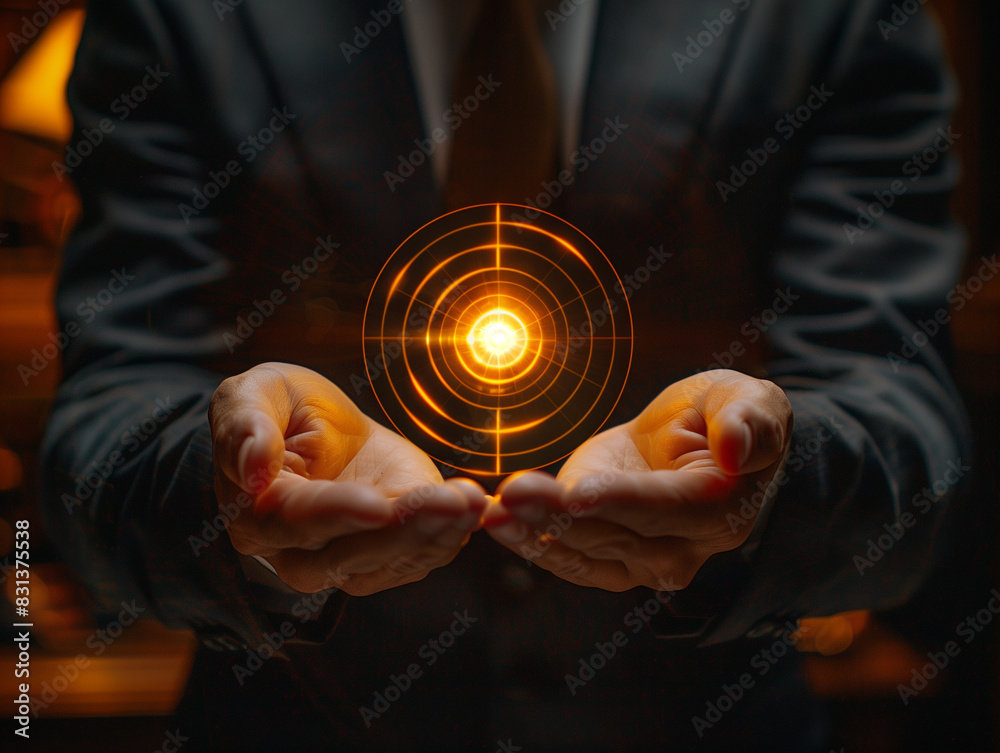 Un homme en costume tenant un hologramme de cible pour tir à l'arc, représentant ses objectifs business et commerciaux, entrepreneur, manageur ou dirigeant d'entreprise focus sur le travail Un homme en costume tenant un hologramme de cible pour tir à l'arc, représentant ses objectifs business et commerciaux, entrepreneur, manageur ou dirigeant d'entreprise focus sur le travail