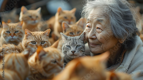Asian grandmother surrounded by cats.
