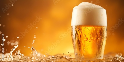 Foamy Light Beer in a Glass on a Golden Background: Closeup View. Concept Beer Photography, Close-up Shot, Golden Background, Foam Texture, Refreshing Beverage