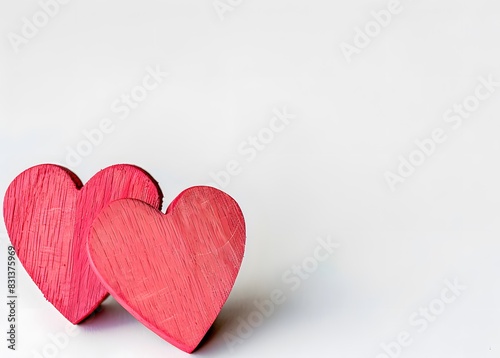 Two Pink Wooden Hearts on White Background for Valentine's Day