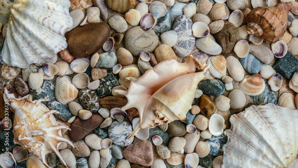 background of large shells, sea pebbles and sand