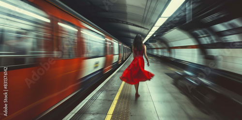 A woman in a red dress standing on the platform photo