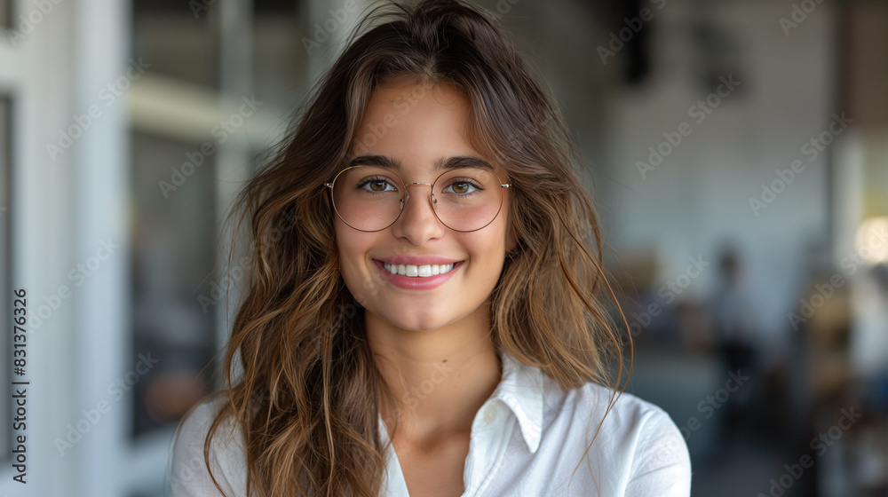 Smiling young woman with glasses and wavy hair in a white blouse, in a modern office background Smiling young woman with glasses and wavy hair in a white blouse, in a modern office background