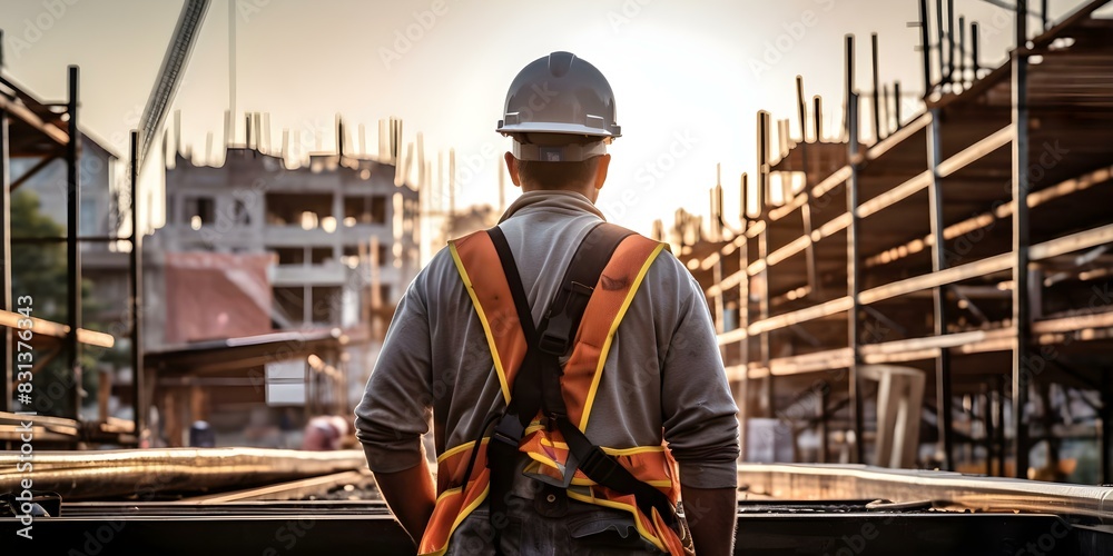 Construction engineer in safety gear overseeing building construction at a site from behind. Concept Construction Industry, Safety Gear, Building Site, Oversight, Engineer