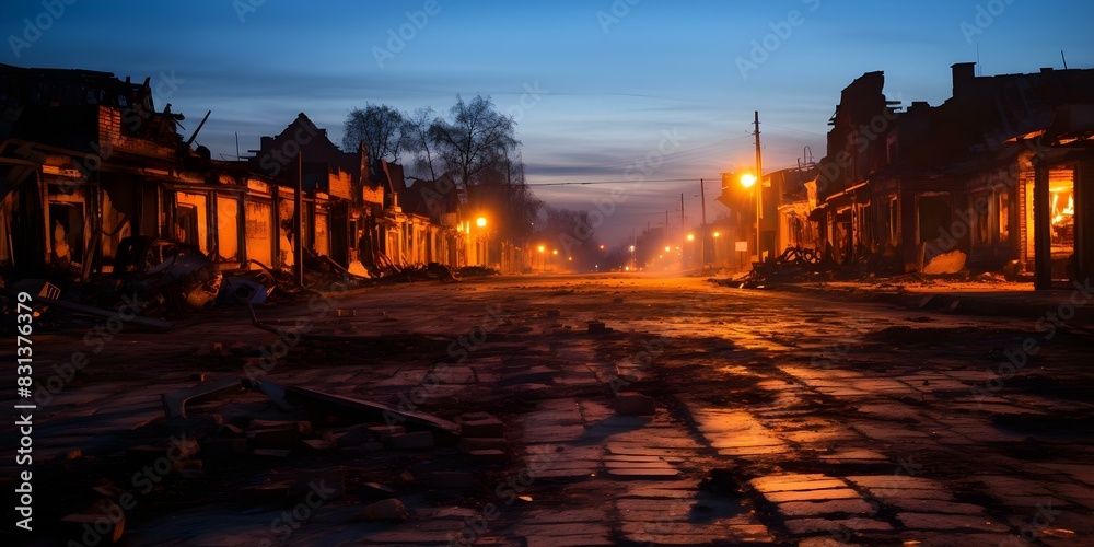 Naklejka premium Twilight aftermath of disaster in ruined town with fire and flames. Concept Disaster Photography, Ruined Town, Fire and Flames, Twilight Atmosphere, Aftermath Scenes
