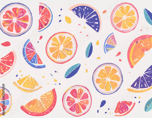 summer fruit outline slice texture, hand drawn illustration and vector realistic icon design for textiles decorative pattern; 