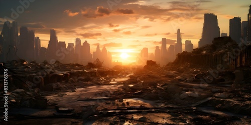 Apocalyptic Sunset: Ruined Cityscape in a Post-Apocalyptic Landscape. Concept Apocalyptic Setting, Sunset Photography, Ruined Cityscape, Post-Apocalyptic Theme, Landscape Photography