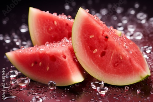 Juicy watermelon slices displayed on a vibrant pink surface  perfect for a refreshing summer treat