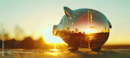 financial tip for saving money, budgeting advice, economic planning, future security, close up, focus on, copy space, Double exposure silhouette with piggy bank. photo
