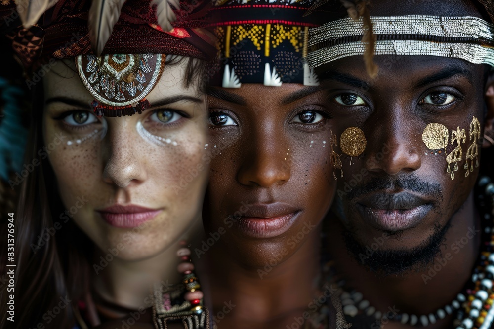 Closeup of a diverse trio showcasing tribal makeup and traditional african attire Closeup of a diverse trio showcasing tribal makeup and traditional african attire