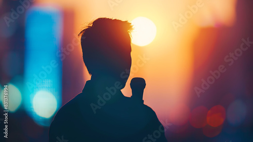 live news broadcast, reporter on location, breaking story, journalistic integrity, close up, focus on, copy space, Double exposure silhouette with microphone. photo