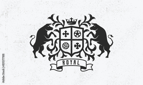 Royal vintage logo. Heraldic crest template logo with standing bulls . Modern design poster. Label, badge, emblem for Coat of Arms, Vintage Crest, Luxury logo. Vector illustration