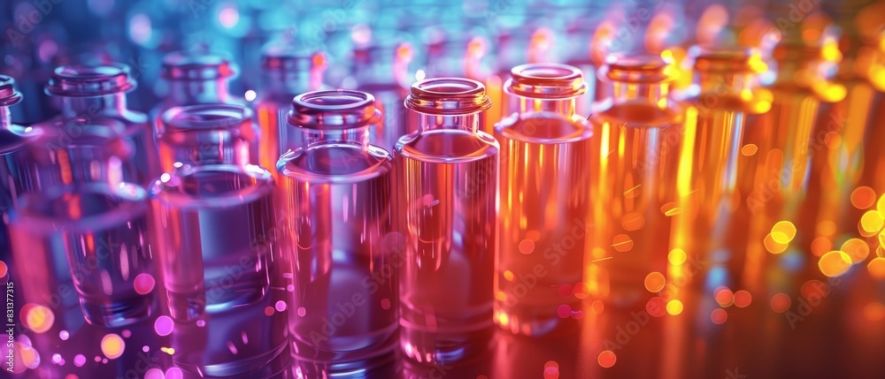 Wide-angle perspective on streamlined pharmaceutical vials, glowing with advanced medicinal solutions, reflecting the dynamic evolution of healthcare, oil painting style