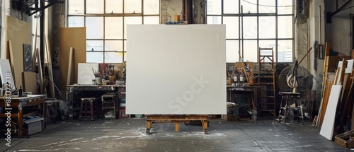 A blank canvas stretches across the studio, eagerly awaiting the artist's hand to breathe life into its barren expanse.