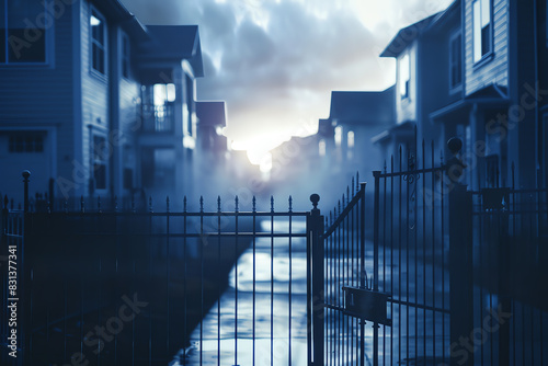 secure living space with gated community, neighborhood safety, exclusive access, community security, close up, focus on, copy space, Double exposure silhouette with gates. photo